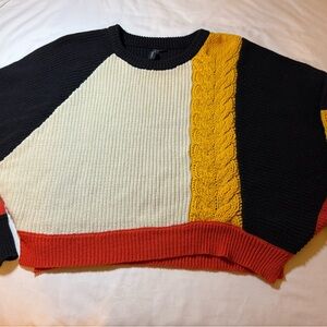 Colorblock Cable-Knit Women’s Sweater in Black, Cream & Mustard